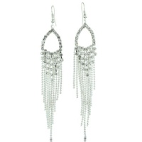 Long Dangle Silver-Look Chain and Rhinestone Chandelier Fashion Earrings, 4 Inches Long