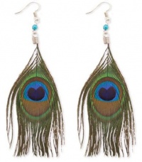 ZAD Long and Elegant Peacock Feather Hook Earrings on Silver Fish Hooks and Blue Beaded Accent