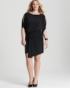 Artful draping lends modernity to this David Meister Plus dress, complete with split sleeves for a subtle peek of skin.