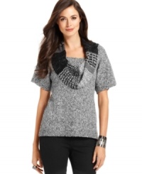 A patchwork of knits at the cowl neckline of this Style&co. petite sweater gives it striking appeal!