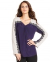 Lace trim adds a feminine edge to this two-tone colorblocked Alfani petite top for an on-trend fall look!