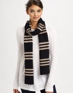 EXCLUSIVELY AT SAKS. A striped wool-blend scarf with a hint of shimmer.Polyester/nylon/wool/angoraAbout 10 X 80Imported