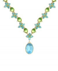 Get a fresh new look for spring by stepping up your accessory collection. 2028's statement necklace features bright blue zircon and oval-cut green crystals set in brass tone mixed metal. Approximate length: 16 inches + 3-inch extender. Approximate drop: 1-1/2 inches.