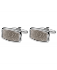 Modern fashion that stands out. A polished design lends masculine appeal to Emporio Armani's stainless steel cufflinks. Made with a gray lacquer finish with a logo design. Approximate diameter: 3/4 inch.