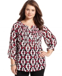 Look pretty in pleats with Style&co.'s three-quarter-sleeve plus size top, featuring a vivid print. (Clearance)