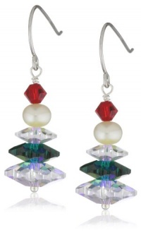 Aurora Borealis, Red, and Green Swarovski Elements with White Freshwater Pearl Sterling Silver Holiday Earrings