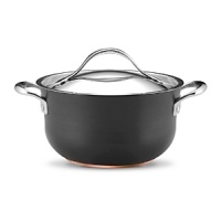 This Nouvelle cookware collection from Anolon features hard-anodized construction in a versatile, elegant shape for perfectly even heating and exceptional cooking performance. Each piece is designed with a double full cap base with a copper core for optimum heat control, and two layers of ultradurable aluminum. A magnetized stainless-steel base makes the cookware suitable for all stovetops, including induction. Restaurant-tested Autograph® 2 nonstick interiors ensure easy, clean release, and cast stainless-steel handles secured with sturdy dual rivets make each piece easy to maneuver and transport.