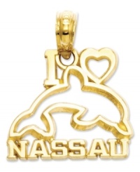 Cherish the beautiful capital of the Bahamas! Carved of 14k gold, this charm reads I (Heart) Nassau and features a graceful dolphin silhouette. Chain not included. Approximate drop length: 7/10 inch. Approximate drop width: 3/5 inch.