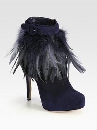 Floaty feathers ruffle this elevated platform silhouette, rendered in rich Italian suede with an adjustable buckle strap. Self-covered heel, 5 (125mm)Hidden platform, 1¼ (30mm)Compares to a 3¾ heel (95mm)Suede upper with feather trimSide zip and adjustable buckle strapLeather lining and solePadded insoleMade in Italy