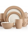 Practical and perfect for every day. Thomson Pottery's Kensington Latte dinnerware set features durable stoneware place settings pairing glossy white interiors with swaths of matte tan and cocoa accents.