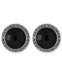 Punctuate your style. Circular button studs by Genevieve & Grace feature faceted onyx (14 ct. t.w.) encircled by glittering marcasite. Set in sterling silver with an omega clip-on backing for non-pierced ears. Approximate diameter: 13/16 inch.