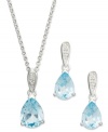 Get a double dose of true blue. Victoria Townsend's dazzling jewelry set features a matching pendant and earrings with pear-cut blue topaz (7-1/2 ct. t.w.) and glittering diamond accents. Set in sterling silver. Approximate length: 18 inches. Approximate drop (pendant): 3/4 inch. Approximate diameter (earrings): 5/16 inches.