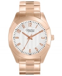 An elegant dress watch wrapped in trendy rose-gold hues, by Caravelle by Bulova.