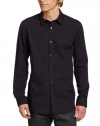 Calvin Klein Sportswear Men's Long Sleeve Mini Plaid Sateen Dobby Stripe Woven, Black, Large