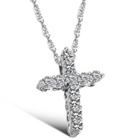 Rhodium White Gold Sterling Silver Cross Necklace with Swarovski Crystal Cubic Zirconia Pave Cross Pendant Necklace for Women