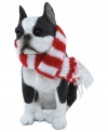 A fetching gift for animal lovers, the Boston terrier Christmas ornament depicts the beloved black and white pup waiting patiently for treats and dressed in a holiday scarf. From Sandicast.