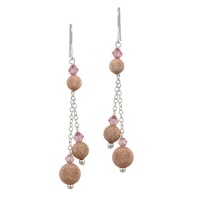 Rose Gold Plated Sterling Silver Diamond Dusted Bead and Pink Genuine Swarovski Crystallized Elements Double Drop French Wire Earrings 7.5