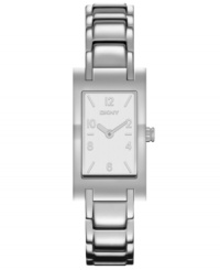 Tremendously elegant and subdued, this women's watch from DKNY shines. Rectangular stainless steel case. Stainless steel silvertone bracelet and rectangular case. Rectangular silvertone dial with logo and numerical indices. Quartz movement. Water resistant to 30 meters. Two-year limited warranty.