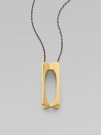 A unique 3D design with a hallow oval center; plated in 23k gold. Sterling silver Sterling silver chain Length, about 22 to 24 adjustable Pendant size, about 1½L X ½ W Lobster clasp closure Imported 