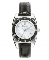 Make a sophisticated statement with this luminous watch by Caravelle by Bulova. Black croc-embossed leather strap and round silver tone mixed metal case. Black anodized aluminum bezel with silver tone Roman numerals. White mother-of-pearl dial features silver tone stick indices, three hands and logo. Quartz movement. Water resistant to 30 meters. Two-year limited warranty.