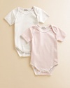 Comfy baby basics in soft cotton knit, offering one striped and one solid design.Envelope shoulders for easy on and off Short sleeves Snap bottom Cotton; machine wash Imported