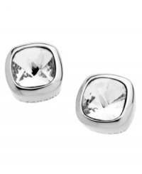 A style essential comes in the form of cushion-cut studs by T Tahari. Bezel-set clear crystals in silver tone mixed metal create a signature look. Base metal is nickel free for sensitive skin. Earrings feature a post backing. Approximate diameter: 1/2 inch.