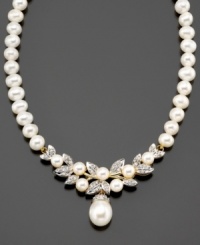 A stunning addition to your evening look. This necklace features cultured freshwater pearl (5 mm, 5-1/2 mm and 9 mm) and round-cut diamond (3/8 ct. t.w.) set in 14k gold. Approximate length: 17 inches.