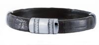 J.Goodman Black Leather Cuff Bracelet in Sterling Silver with Oxidized finish braid detail and hidden magnetic clasp for security.