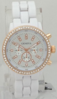 Geneva Quartz Chronograph-style Look Rhinestone on Bezel Rose Gold Case White Plastic band