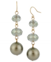 Good things come in threes. Kenneth Cole New York's triple drop earrings are crafted from gold-tone mixed metal with green glass pearls and cherry beads coming together for a stylish statement. Item comes packaged in a signature Kenneth Cole New York Gift Box. Approximate drop: 2-1/4 inches.