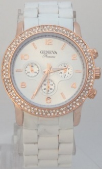 Geneva Quartz Chronograph Look Rose Gold N White ceramic-style With Rhinestones