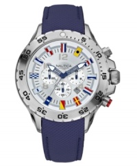 Classic and cool. This multi-functional men's watch from Nautica features a blue PU strap and round stainless steel case. Silver dial with logo, flag indices and three subdials. Quartz movement. Water resistant to 100 meters. 5-year limited warranty.