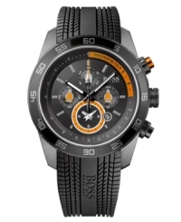 Explore endless possibilities with this multifunctional watch from Hugo Boss. Crafted of black textured rubber strap and round black ion-plated stainless steel case. Numerals at black bezel. Black and orange chronograph dial with four subdials, date window, logo, stick indices, tachymeter scale, luminous hour/minute hands and orange-tipped second hand. Quartz movement. Water resistant to 100 meters. Two-year limited warranty.