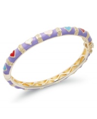 The perfect gift for your little sweetheart. This 18k gold over sterling silver bangle features lavender and multicolored enamel hearts. Bracelet secures with a hinge clasp. Approximate diameter: 2 inches.