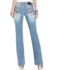 Winged (denim) victory! These bootcut jeans from Miss Me hugs your curves in all the right places with bold embroidered details. (Clearance)