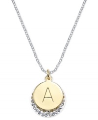 Letter perfection. This sterling silver necklace holds a pendant set in 14k gold and sterling silver plated topped with an A and adorned with crystal for a stunning statement. Approximate length: 18 inches. Approximate drop: 7/8 inch. Approximate drop width: 5/8 inch.