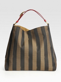 Tailored stripes define this slouchy carryall crafted in sturdy poly-cotton, finished with an adjustable leather strap.Adjustable leather shoulder strap, 5½-6 drop Magnetic snap closure One inside zip pocket Linen lining 15W X 14H X 7D 70% polyester/20% cotton/10% polyurethane Imported