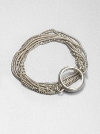 A sleek design with a chic mix of link chains and snake chains accented with a large loop embellishment. BrassLength, about 14O-ring closureMade in Italy