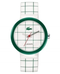 Hit the courts or the office with this upbeat men's and women's watch from Lacoste. White and green patterned silicone strap. Round green plastic case and round green and white patterned dial with logo. Quartz movement. Water resistant to 30 meters. Two-year limited warranty.