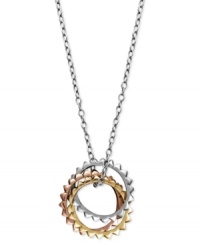 Mix and matchable style at its finest. Studio Silver's versatile tri tone pendant highlights three, interlocking rings with beaded edges. Crafted in sterling silver, 18k rose gold over sterling silver, and 18k gold over sterling silver. Approximate length: 16 inches. Approximate drop: 1/2 inch.