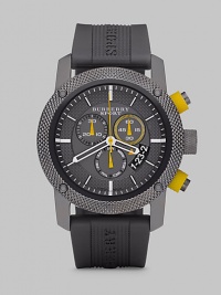 A sport-inspired design made in Switzerland with a stainless steel/IP casing, rubber strap time-tested quartz precision. Round bezel Quartz movement Three-eye chronograph functionality Water resistant to 10 ATM Date function at 4 o'clock Second hand Stainless steel case: 44mm (1.73) Rubber strap: 24mm (0.94) Made in Switzerland 