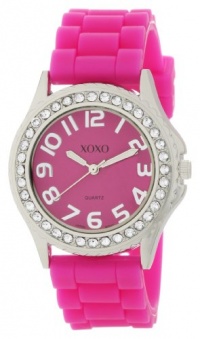 XOXO Women's XO3273 Fuchsia Dial Crystal Bezel Boyfriend Silicone Rubber Strap Watch