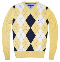 Tommy Hilfiger Men Argyle Plaid Knit Logo V-Neck Sweater