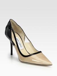 Two-tone point toe design in polished patent leather, with side cutouts for a sexy hint of skin. Lacquered heel, 3½ (90mm)Patent leather upperPoint toeLeather lining and solePadded insoleMade in Italy