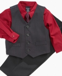 He may be your little guy, but he'll be flaunting big boy style in this handsome tie, shirt, vest, and pants set by Nautica.