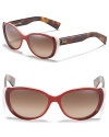 Chic cat eye sunglasses with contrast winged temples and logo embellished arms.