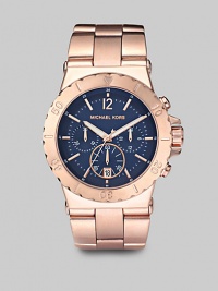 A substantial timepiece with a classic navy dial. Quartz movement Water-resistant to 10ATM Round rose goldplated stainless steel case, 43mm (1.69) Arabic numerals and index hour markers Three chronograph sub dials Date display at 6 o'clock Second hand Rose goldplated stainless steel link bracelet Imported 