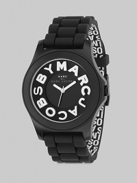 A sporty timepiece with logo details and silicone strap.Quartz movement Water resistant to 3 ATM Round stainless steel case, 40mm, (1.57) Black dial Logo hour markers along outer concave ring Second hand Silicone strap with interior jumbled logo print, 20mm, (.78) Buckle closure Imported 