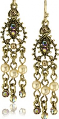 1928 Jewelry Brass Tone Simulated Plastic Pearl Mini Chandelier Earrings