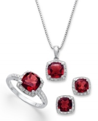 Crimson chic. Round-cut garnets (4-3/4 ct. t.w.) and sparkling diamond accents adorn this pretty matching jewelry set. Includes a pendant, stud earrings and ring in sterling silver. Approximate necklace length: 18 inches. Approximate drop: 1/2 inch. Approximate earring diameter: 1/4 inch. Size 7.